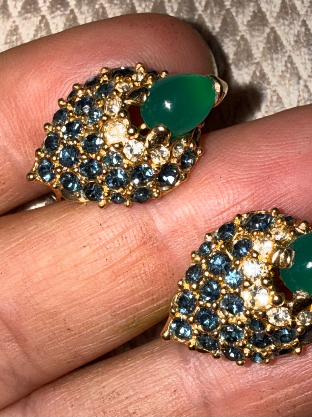 Marcel Boucher 1962 "Peacock Eye" Earrings - Signed Blue Green Stones Gold Tone